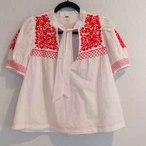 Free People Embroidered Red & White Cotton Top w Necktie